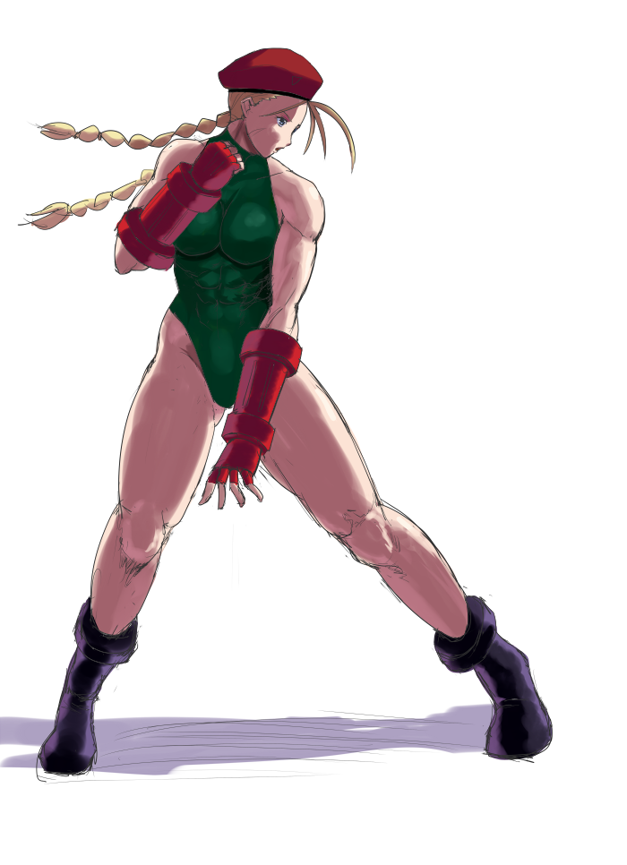 1girl 78_(tky8) abs bare_legs blonde_hair blue_eyes bodysuit boots boxing_gloves braid cammy_white capcom fingerless_gloves gloves hat long_hair looking_to_the_side muscular muscular_female open_mouth peaked_cap red_gloves shadow simple_background solo standing stomach street_fighter twin_braids twintails white_background