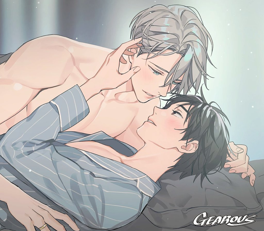 2boys artist_name bed black_hair blue_eyes blurry blush brown_eyes collarbone couple eye_contact fingernails gearous grey_hair hand_on_another&#039;s_face jewelry katsuki_yuuri looking_at_another lying male_focus multiple_boys on_back on_bed pajamas parted_lips pectorals pillow ring shirt smile topless_male twitter_username under_covers upper_body viktor_nikiforov yaoi yuri!!!_on_ice