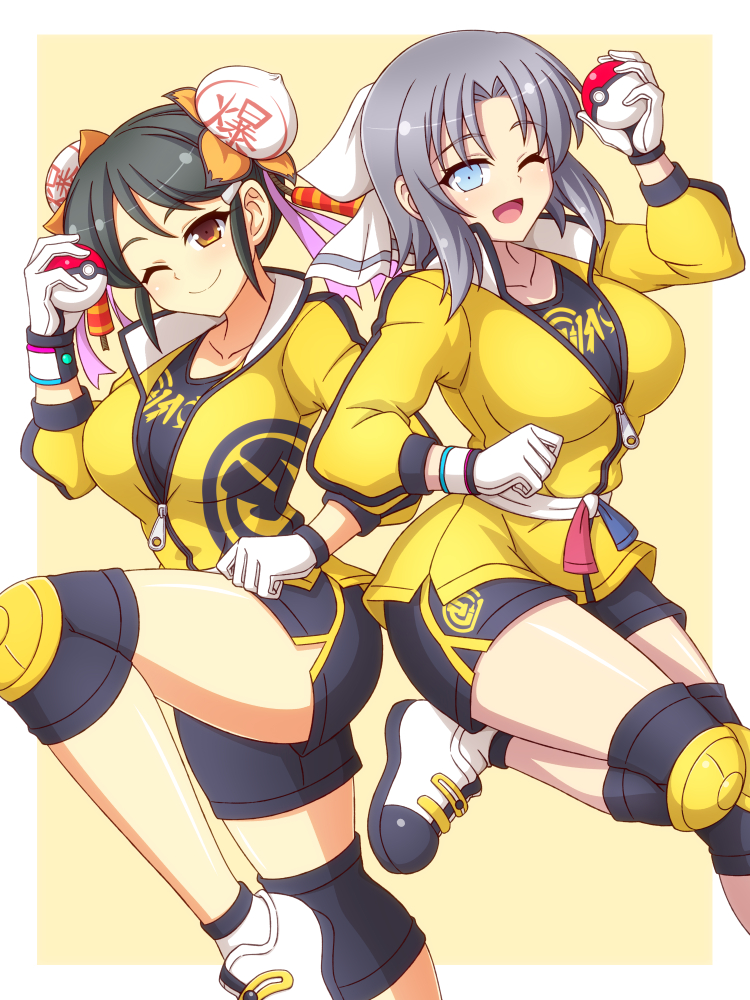 2girls baozi_hair_ornament black_hair bow cosplay fighting_stance firecrackers fireworks food food-themed_hair_ornament gloves grey_hair hair_bow hair_ornament holding holding_poke_ball jacket knee_pads master_dojo_uniform medium_hair meimei_(senran_kagura) multiple_girls nintendo poke_ball pokemon pokemon_swsh purple_ribbon ribbon sash senran_kagura shoes shorts side_slit side_slit_shorts smile socks steamed_bun white_gloves white_ribbon yumi_(senran_kagura) zetsumu zipper zipper_pull_tab