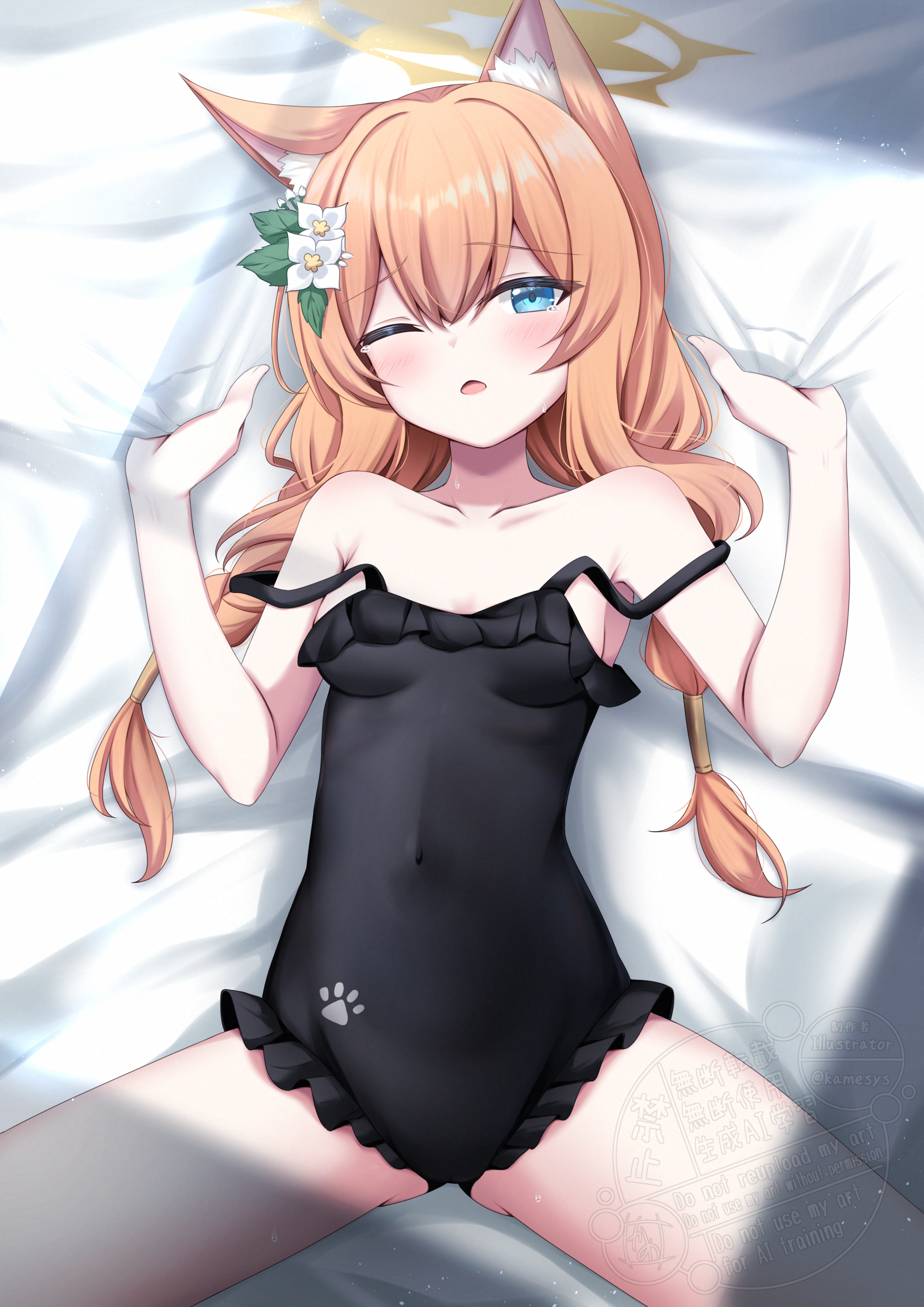 1girl absurdres animal_ear_fluff bed_sheet bikini black_one-piece_swimsuit blue_archive braid casual_one-piece_swimsuit flower frilled_one-piece_swimsuit frills hair_flower hair_ornament halo highres kamesys long_hair looking_at_viewer low_twin_braids lying mari_(blue_archive) mari_(swimsuit)_(blue_archive) off-shoulder_bikini off_shoulder official_alternate_costume on_back on_bed one-piece_swimsuit one_eye_closed orange_hair paw_print sheet_grab solo strap_slip swimsuit twin_braids watermark white_flower yellow_halo