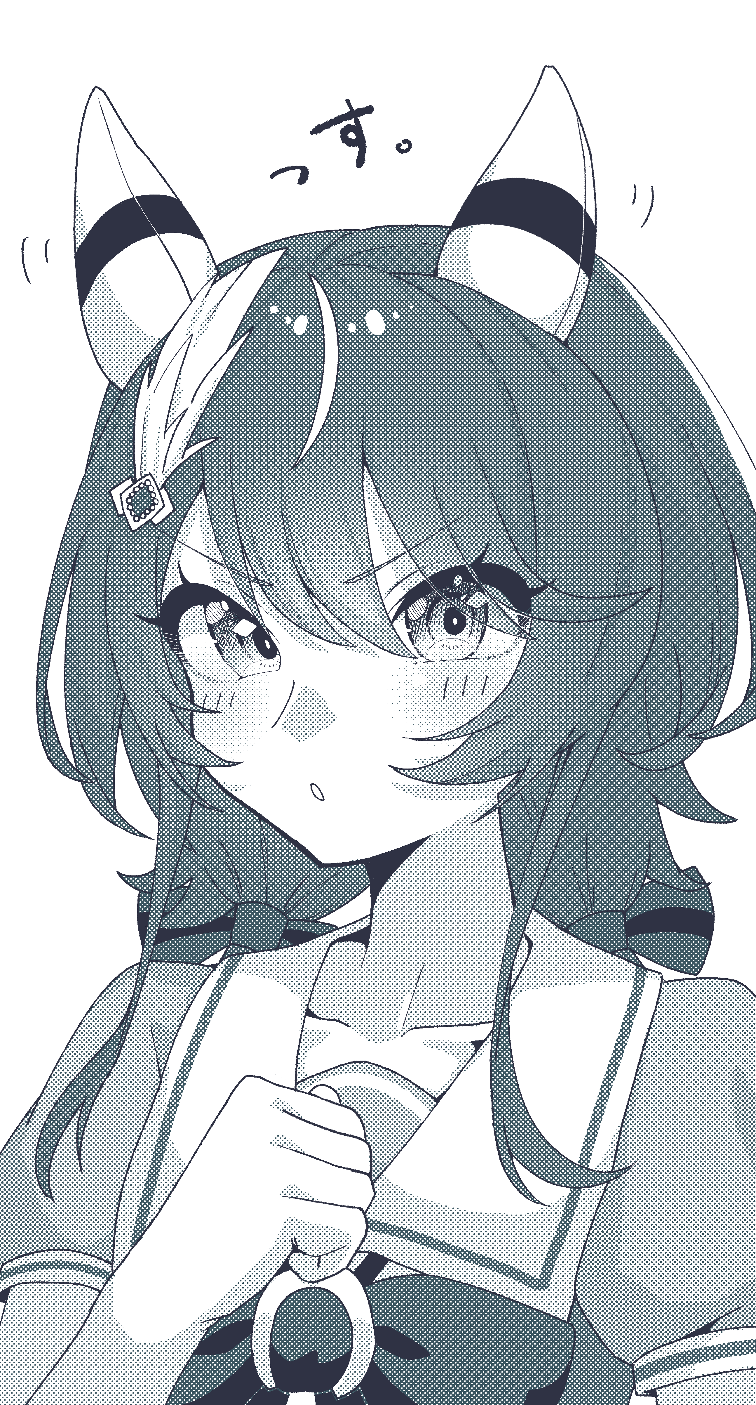 1girl a4_(a4_eishi) absurdres animal_ears collarbone hair_between_eyes hair_ornament highres horse_ears horse_girl long_hair looking_at_viewer low_twintails monochrome open_mouth portrait school_uniform simple_background solo tracen_school_uniform twintails umamusume white_background win_variation_(umamusume)