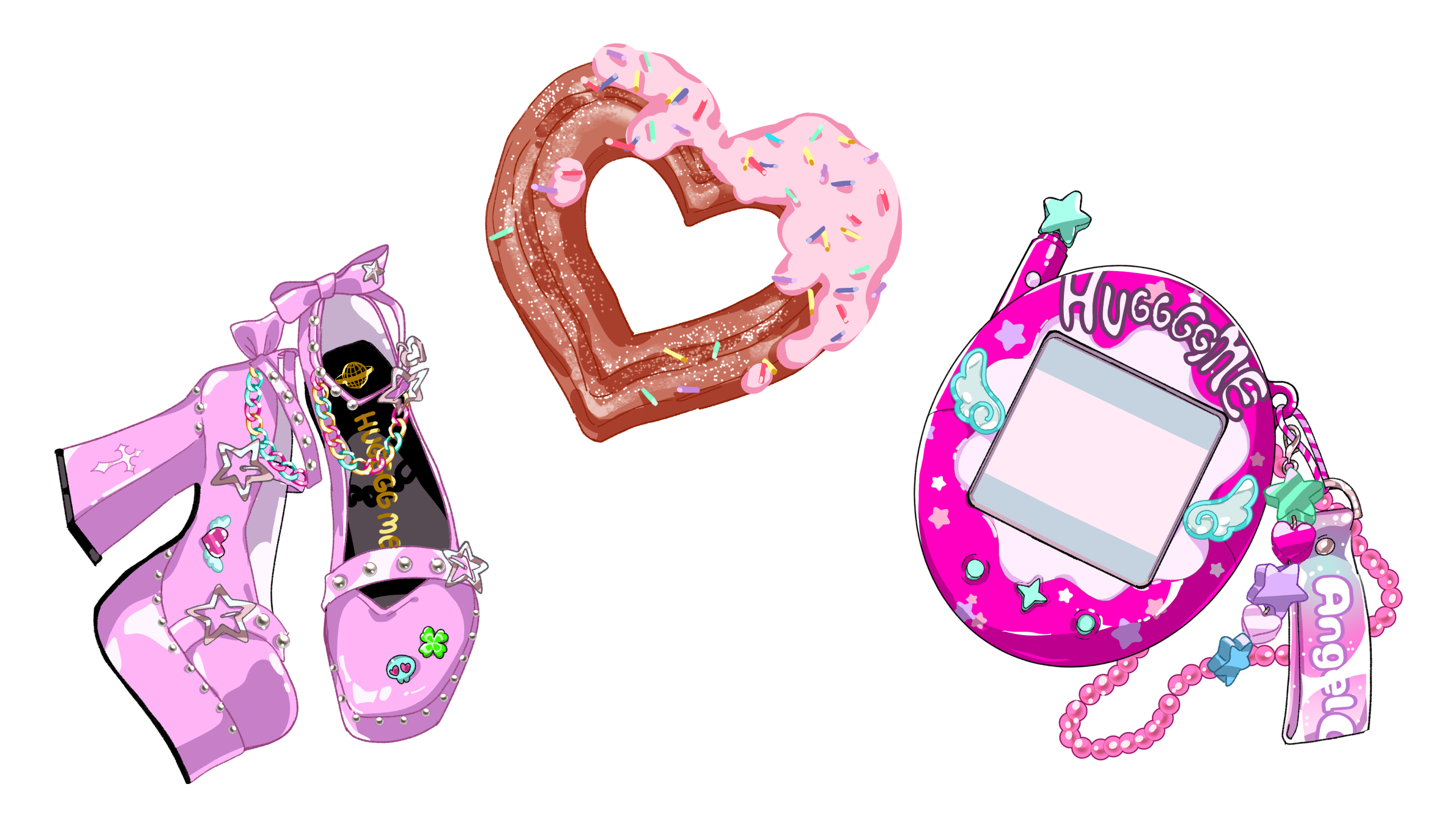 charm_(object) commentary_request donut english_text food heart heart-shaped_donut heart-shaped_food high_heels highres himitsu_(iemaki) no_humans object_focus original pink_shoes shoes sprinkles tamagotchi tamagotchi_(virtual_pet) tamagotchi_plus unworn_shoes virtual_pet_(toy) white_background