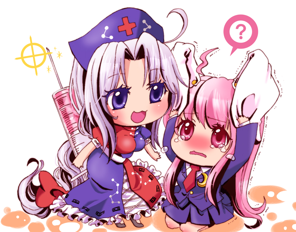 2girls animal_ears bad_id bad_pixiv_id braid chibi female_focus hachi_(gaoo) hachi_fujimaru hair_ribbon long_hair multiple_girls purple_eyes rabbit_ears red_eyes reisen_udongein_inaba ribbon silver_hair syringe tears touhou trigram yagokoro_eirin