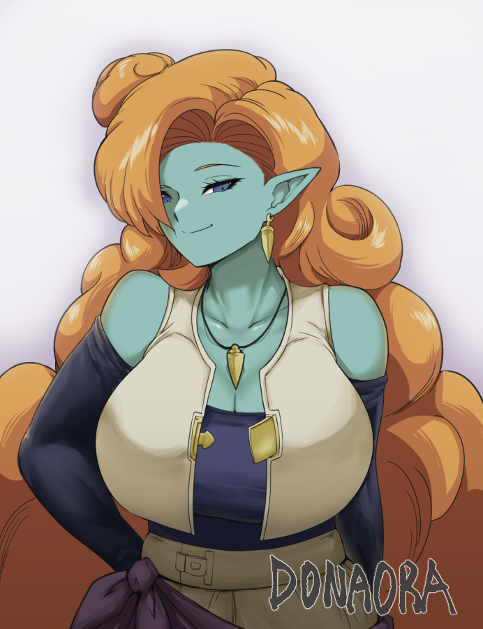 1girl blue_eyes blue_skin breasts colored_skin donaora889 dragon_ball dragonball_z huge_breasts jewelry large_breasts long_hair necklace orange_hair solo tagme very_long_hair zangya