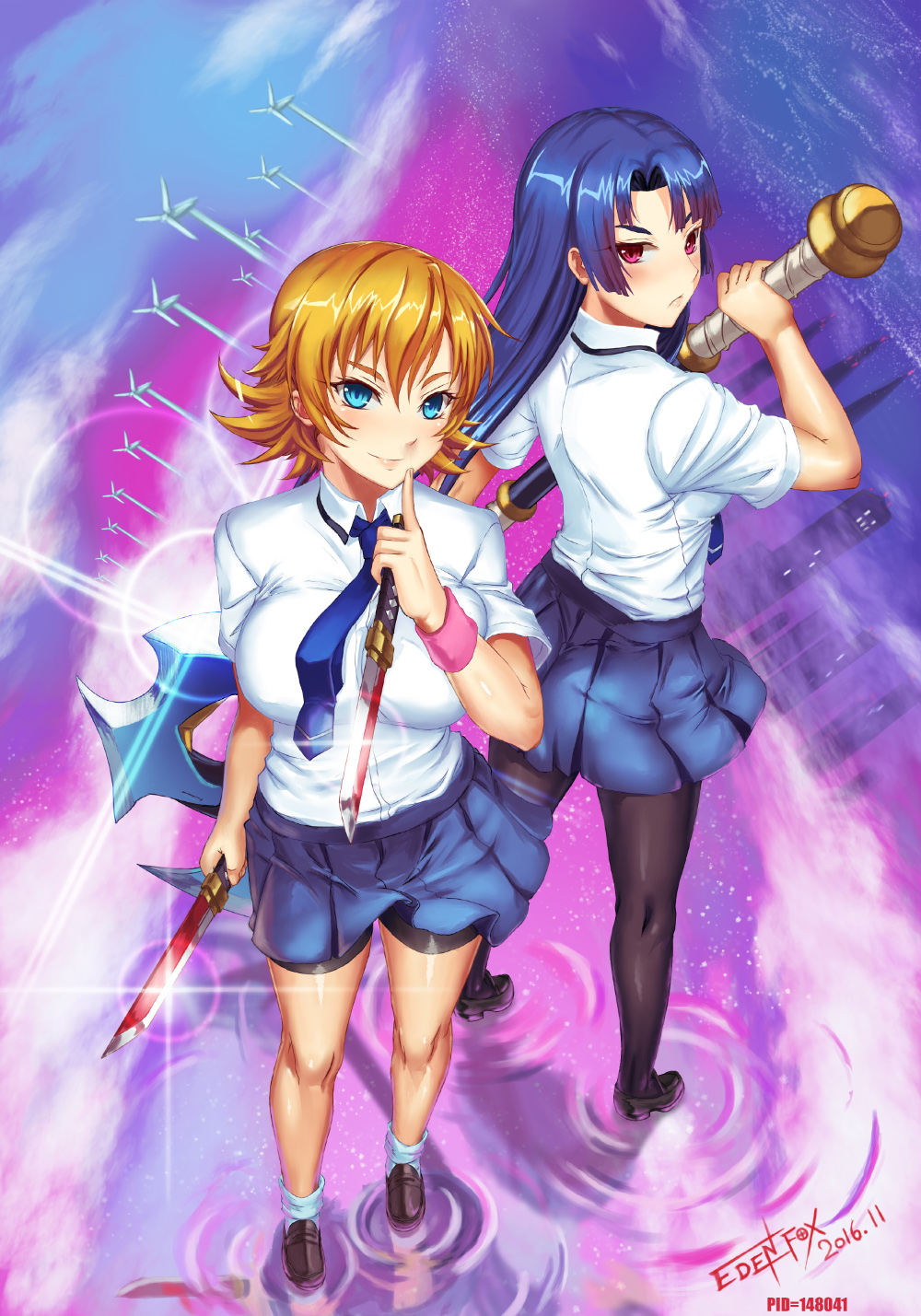 &gt;:) 00s 2016 2girls :/ artist_name axe battle_axe bike_shorts black_footwear black_legwear black_shorts blonde_hair blue_eyes blue_hair blue_necktie blush breasts brown_footwear building closed_mouth collared_shirt dagger dated dual_wielding edenfox female_focus finger_to_mouth flipped_hair full_body glint hair_between_eyes head_tilt highres holding holding_weapon igawa_sakura knife large_breasts lilith-soft loafers long_hair looking_at_viewer looking_back multiple_girls necktie pantyhose pink_eyes red_eyes reflection school_uniform shiny_skin shirt shoes short_hair short_sleeves shorts skirt smile socks standing taimanin_(series) taimanin_asagi taimanin_asagi_zero v-shaped_eyebrows very_long_hair weapon white_legwear white_shirt windmill wing_collar wristband yatsu_murasaki