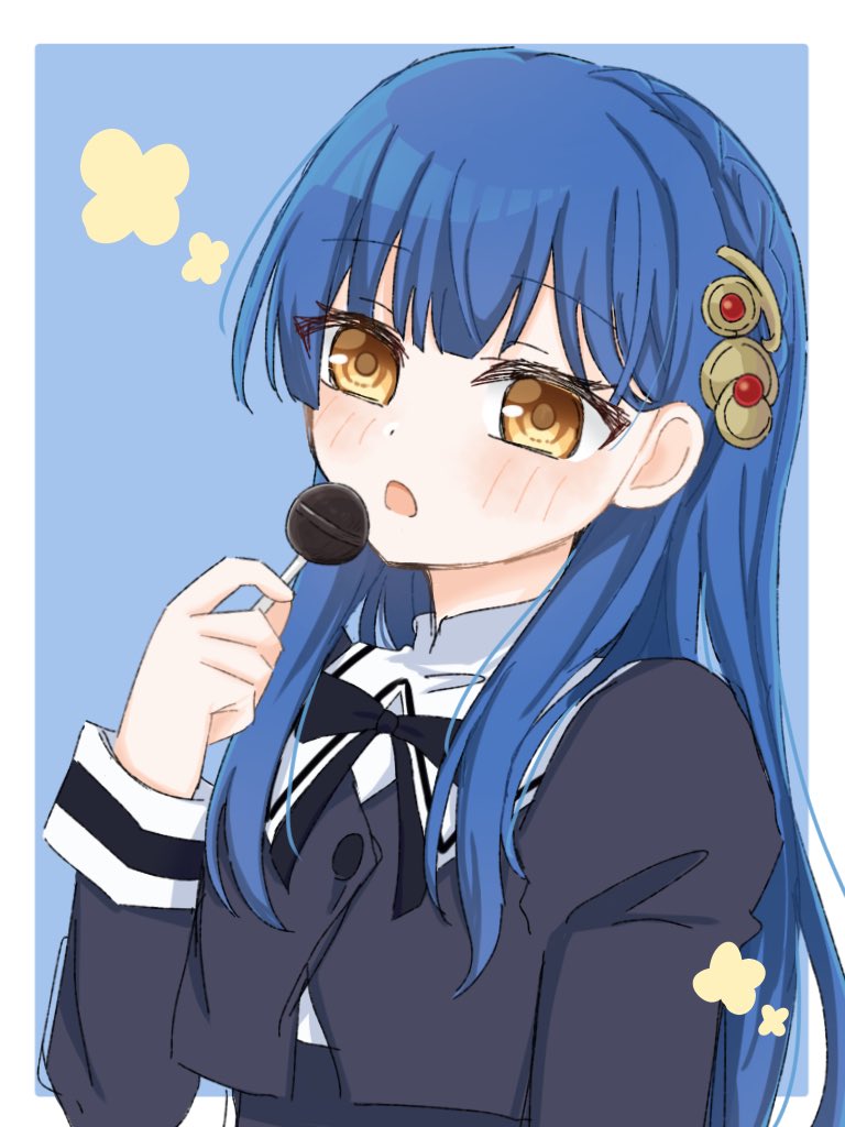 1girl arm_at_side assault_lily black_ribbon blue_background blue_hair blush border buttons candy chupa_chups commentary cropped_jacket flower_symbol food gem gem_hair_ornament hand_up holding holding_candy holding_food holding_lollipop lollipop long_hair long_sleeves looking_at_viewer neck_ribbon open_mouth outside_border red_gemstone ribbon sana_(hs_yp1) school_uniform simple_background solo taniguchi_hijiri upper_body white_border yellow_eyes yurigaoka_girls_academy_school_uniform