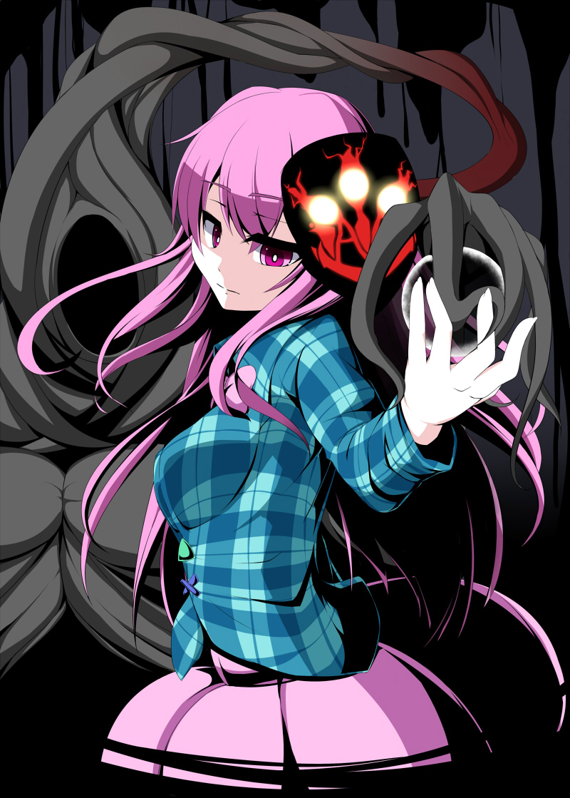 00s 1girl akaneman checkered_clothes checkered_shirt cthulhu_mythos demonbane hata_no_kokoro long_hair mask nya_(demonbane) nyarlathotep nyarlathotep_(nyaruko-san) pink_eyes pink_hair shirt simple_background touhou