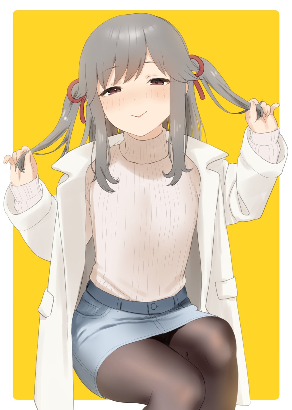 1girl adjusting_hair black_pantyhose blue_skirt blush border bra brown_eyes collared_jacket commentary_request denim denim_skirt feet_out_of_frame grey_hair hair_ribbon highres jacket kantai_collection long_hair long_sleeves looking_at_viewer open_bra outside_border pantyhose red_ribbon ribbed_shirt ribbon rounded_corners sakiecho shirt sidelocks simple_background sitting skirt sleeves_past_wrists smile solo turtleneck turtleneck_shirt two_side_up underwear usugumo_(kancolle) white_border white_jacket white_shirt yellow_background