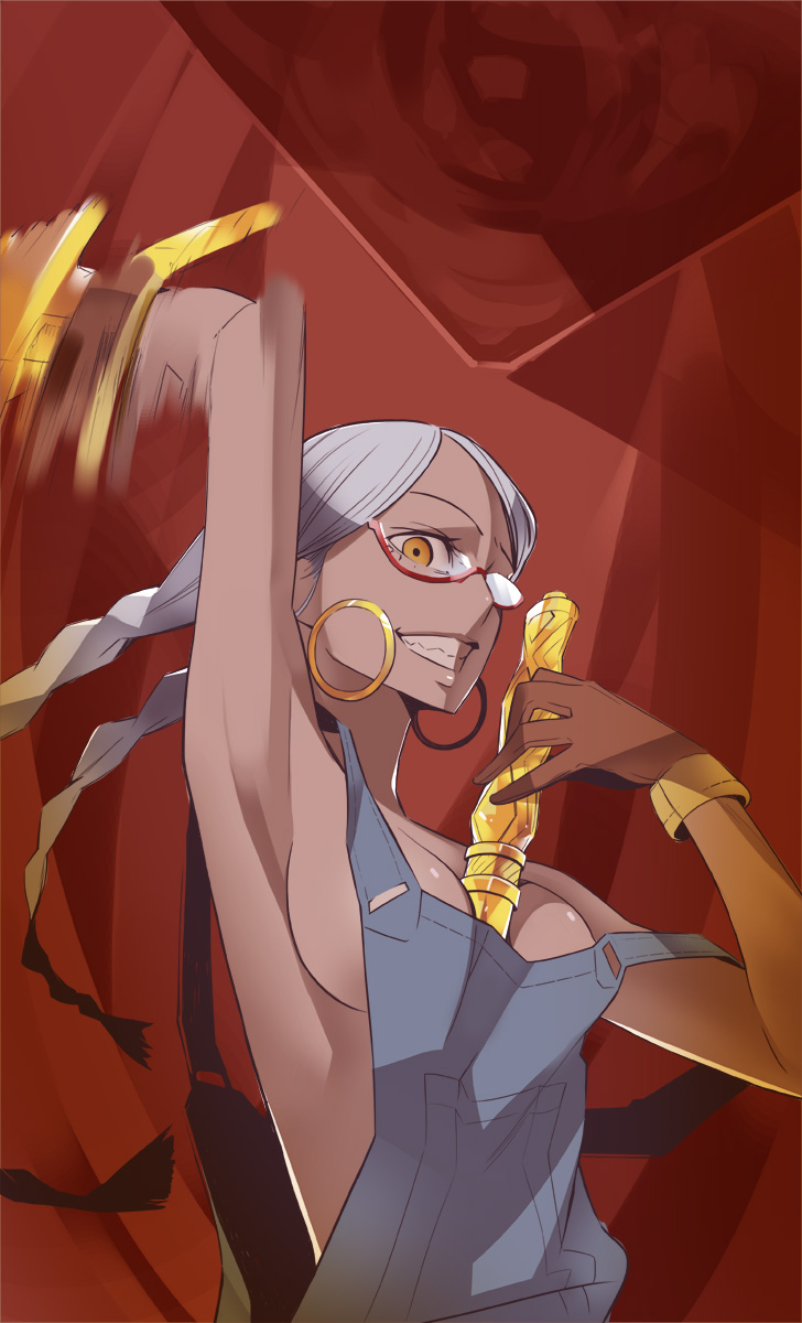 1girl arm_up armpits bare_shoulders between_breasts blue_overalls braid breasts brown_gloves commentary_request dark-skinned_female dark_skin denim earrings gajuumaru glasses gloves gold gold_earrings grey_hair grin hand_up highres holding jewelry large_breasts long_hair looking_at_viewer marian_slingeneyer motion_blur naked_overalls orange_eyes overalls red-framed_eyewear red_background semi-rimless_eyewear sideboob smile solo toaru_majutsu_no_index toaru_majutsu_no_index:_new_testament twin_braids upper_body