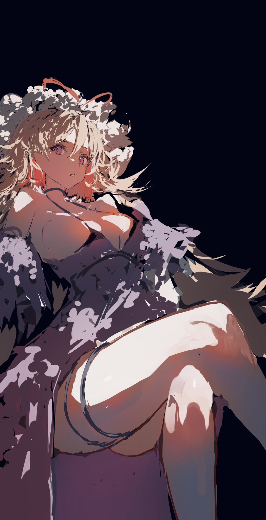1girl alternate_costume bare_shoulders blonde_hair breasts choker cleavage crossed_legs dark_background dress frills hair_between_eyes hat highres large_breasts legs long_hair mob_cap po_(anhk5528) purple_dress purple_eyes solo thigh_strap thighs touhou yakumo_yukari