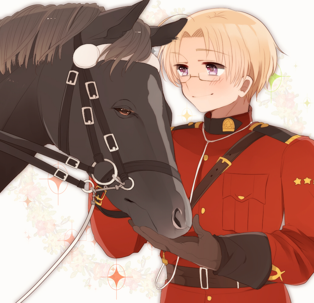 1boy ahoge animal animal_ears axis_powers_hetalia belt black_horse blonde_hair blush breast_pocket brown-framed_eyewear brown_belt brown_gloves buttons canada_(hetalia) closed_mouth commentary_request floral_background glasses gloves hands_up horse horse_ears jacket long_sleeves looking_at_animal military_jacket military_uniform ninonuko pocket purple_eyes red_jacket semi-rimless_eyewear short_hair smile sparkle_background upper_body white_background