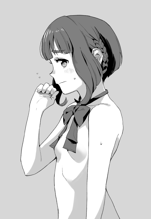 1girl blush bow bowtie breasts closed_mouth convenient_censoring flying_sweatdrops greyscale kantai_collection looking_at_viewer makio_(makiomeigenbot) monochrome profile short_hair simple_background small_breasts solo sweat takanami_(kancolle) topless_female upper_body wavy_mouth