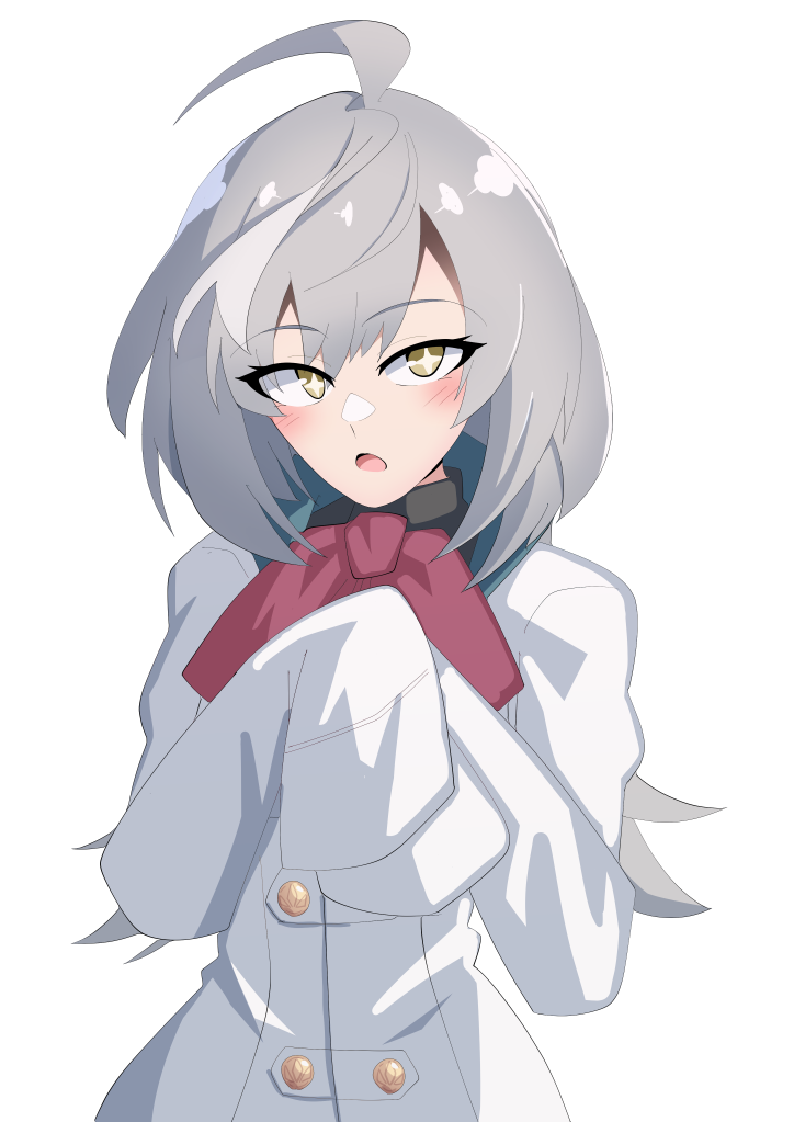 +_+ 1girl ahoge assault_lily black_shirt blush bow bowtie buttons collared_shirt commentary grey_hair hands_up herensuge_girls_academy_school_uniform ishitsuma_canon jacket long_hair long_sleeves looking_at_viewer multicolored_hair open_mouth own_hands_together red_bow red_bowtie sasaki_ran school_uniform shirt simple_background sleeves_past_fingers sleeves_past_wrists solo streaked_hair upper_body white_background white_jacket yellow_eyes