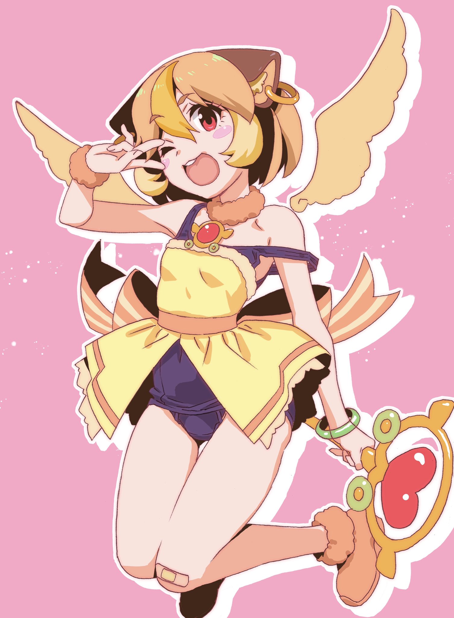 animal_ears bandaid bandaid_on_knee bandaid_on_leg blush blush_stickers bob_cut boots bow bowtie bracelet brown_hair collar dress earrings fur_boots highres hoop_earrings jewelry jumping magical_girl morumi multicolored_hair one_eye_closed open_mouth outline pendant pink_background pui_pui_molcar red_eyes school_swimsuit solo strap_slip swimsuit swimsuit_under_clothes teeth two-tone_hair v wand watanabe_akio wings