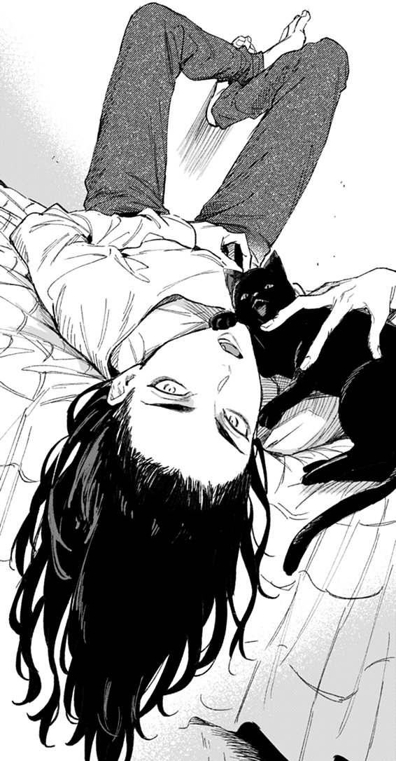 1boy baji_keisuke barefoot bed black_cat cat fang hand_on_own_stomach indoors kota_uro long_hair long_sleeves looking_at_viewer lying monochrome on_bed open_mouth pants shirt solo tokyo_revengers upside-down white_shirt