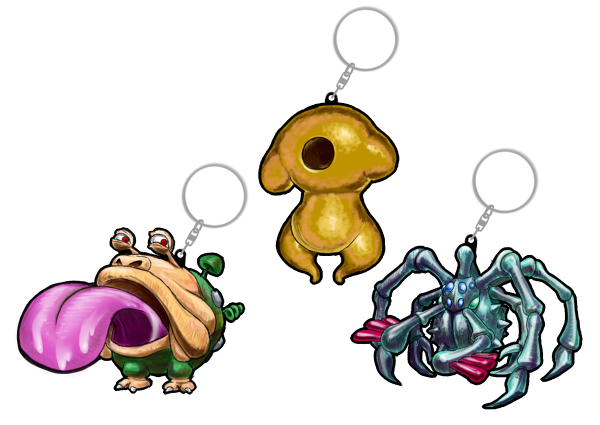 animal_focus bug commentary_request emperor_bulblax half-closed_eyes hole_in_head charm_(object) long_tongue mandibles moss mushroom nintendo no_humans nostrils open_mouth pikmin_(series) plasm_wraith red_eyes saliva simple_background slime_(creature) spider stage_connection titan_dweevil tongue white_background yamato_koara