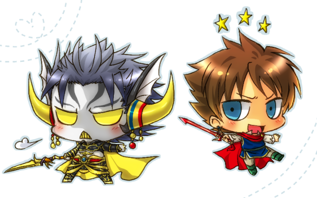 &gt;:d 1990s_(style) 2boys :&lt; :d alternate_costume alternate_form blue_eyes boots brave_blade breath brown_hair bartz_klauser cape chibi colored_sclera commentary dissidia_final_fantasy exdeath facial_mark final_fantasy final_fantasy_v horns male_focus midriff multiple_boys neo_exdeath nigou_(equal1014) no_pupils open_mouth pale_skin smile standing star_(symbol) sword v-shaped_eyebrows weapon yellow_eyes yellow_sclera