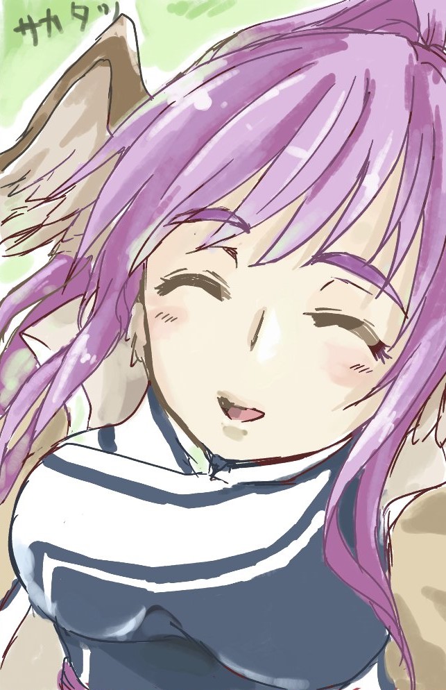 1girl ainu_clothes animal_ears aquaplus blush breasts closed_eyes dress from_above high_ponytail large_breasts long_hair open_mouth ponytail purple_hair raised_eyebrows sakatattsun sidelocks signature solo touka_(utawarerumono) upper_body utawarerumono