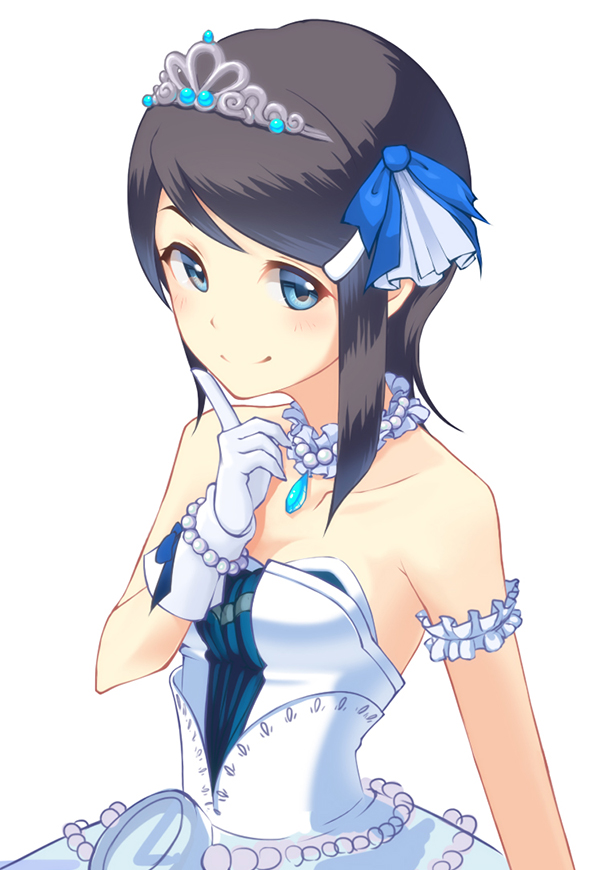 1girl argon_(argon18) arm_scrunchie bare_shoulders blue_eyes blue_ribbon bracelet breasts choker cleavage closed_mouth collarbone dress frilled_choker frills gloves hair_ribbon idolmaster idolmaster_cinderella_girls idolmaster_cinderella_girls_starlight_stage idolmaster_dearly_stars index_finger_raised jewelry medium_breasts mizutani_eri necklace pearl_bracelet pearl_necklace ribbon short_hair simple_background sleeveless sleeveless_dress smile solo starry_sky_bright_(idolmaster) tiara upper_body white_background white_choker white_dress white_gloves