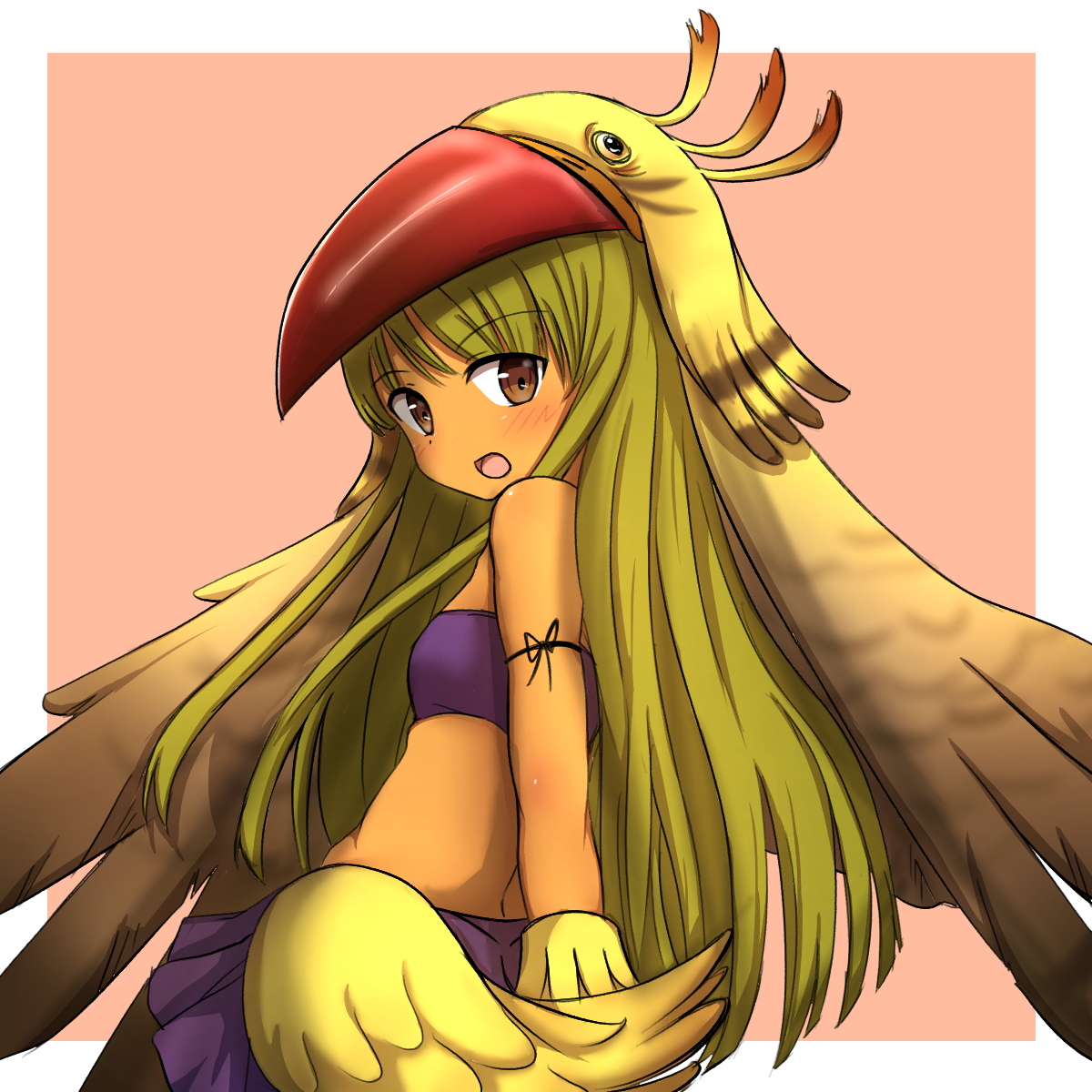 1girl :o animal_costume bird_hood brown_background brown_eyes dark-skinned_female dark_skin eiyuu_senki flat_chest green_hair highres long_hair looking_at_viewer looking_back midriff open_mouth rakuto89 simple_background solo standing wayna_qhapaq_(eiyuu_senki)