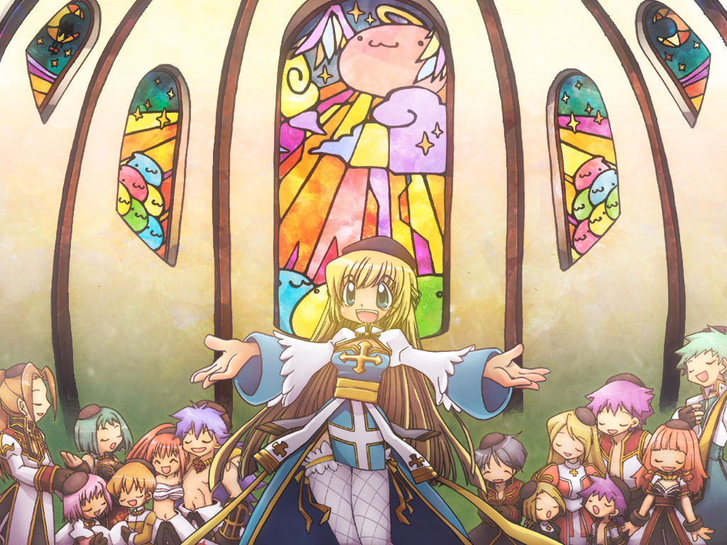 6+boys 6+girls acolyte_(ragnarok_online) angeling arch_bishop_(ragnarok_online) belt black_coat black_dress black_shirt black_shorts blonde_hair blue_coat blue_dress blue_eyes blue_hair brown_hair cassock champion_(ragnarok_online) championship_belt chest_sarashi cleavage_cutout closed_eyes closed_mouth clothes_around_waist clothing_cutout coat cowboy_shot cropped_jacket cross cross_necklace cross_of_prontera dress fishnet_thighhighs fishnets frilled_thighhighs frills gold_trim green_eyes green_hair grey_hair hasenyo high_priest_(ragnarok_online) hood hooded_coat indoors jacket jewelry juliet_sleeves long_hair long_sleeves monk_(ragnarok_online) multicolored_coat multiple_boys multiple_girls necklace open_mouth outstretched_arms pink_hair priest_(ragnarok_online) puffy_sleeves purple_hair ragnarok_online red_coat red_dress sarashi sash shirt shirt_around_waist short_hair short_sleeves shorts sleeveless sleeveless_coat smile solo_focus spread_arms stained_glass sura_(ragnarok_online) thighhighs topless_male two-tone_coat two-tone_dress white_coat white_dress white_jacket white_sash white_shirt white_thighhighs yellow_sash