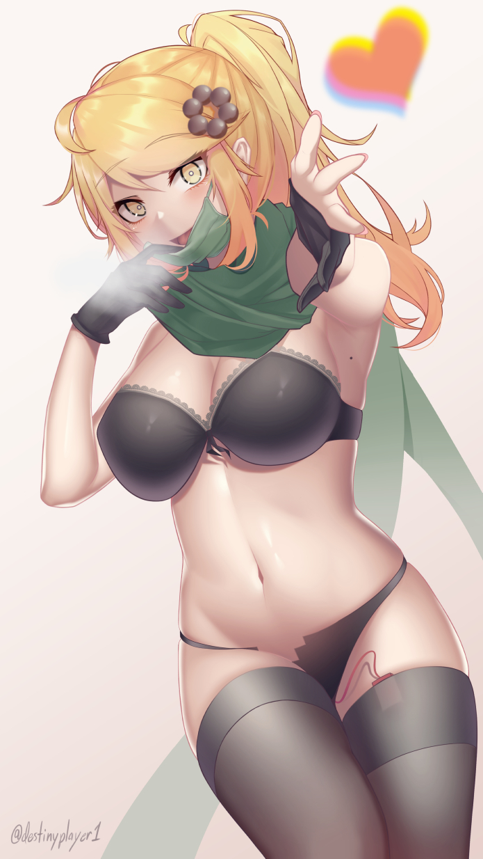 1girl asymmetrical_gloves black_bra black_gloves black_panties black_thighhighs blonde_hair borrowed_character bra breasts cleavage destinyplayer1 gloves heart highres large_breasts long_hair looking_at_viewer navel original panties partially_fingerless_gloves ponytail sex_toy solo strapless strapless_bra thighhighs underwear vibrator vibrator_in_thighhighs yellow_eyes