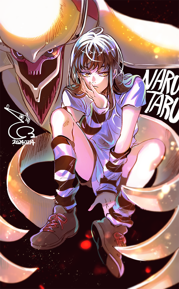 1boy arm_warmers bae_(baebae) black_background black_hair black_shoes black_shorts black_socks brown_eyes closed_mouth commentary_request copyright_name dated expressionless full_body hand_on_own_cheek hand_on_own_face koga_norio light_particles long_hair looking_at_viewer loose_socks male_focus monster narutaru purple_shirt purple_socks shirt shoes shorts sitting socks solo striped_clothes striped_socks trap vagina_dentata_(narutaru) y2k_fashion