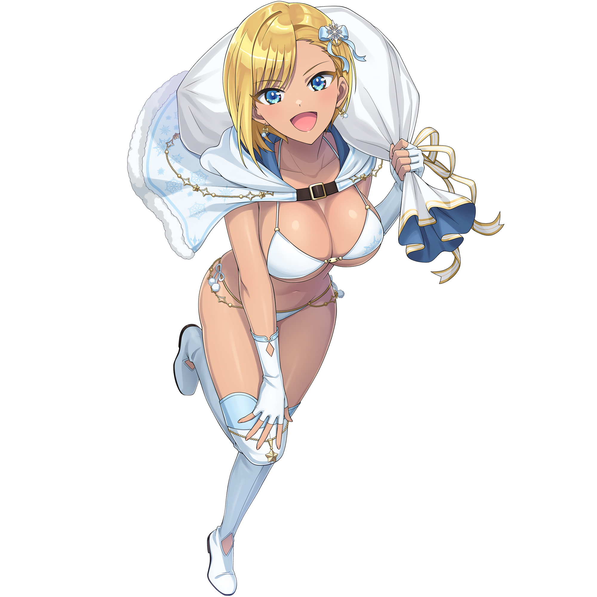 1girl bikini blonde_hair blue_eyes bow breasts capelet christmas cleavage dark-skinned_female dark_skin dolphin_wave fingerless_gloves fur-trimmed_capelet fur_trim game_cg gloves hair_bow hand_on_own_knee highres holding holding_sack large_breasts leaning_forward leg_up looking_at_viewer murahaya_mashio non-web_source official_art ootomo_takuji open_mouth sack short_hair smile snowflake_ornament solo swept_bangs swimsuit tan thighhighs transparent_background white_bikini white_capelet white_gloves white_thighhighs