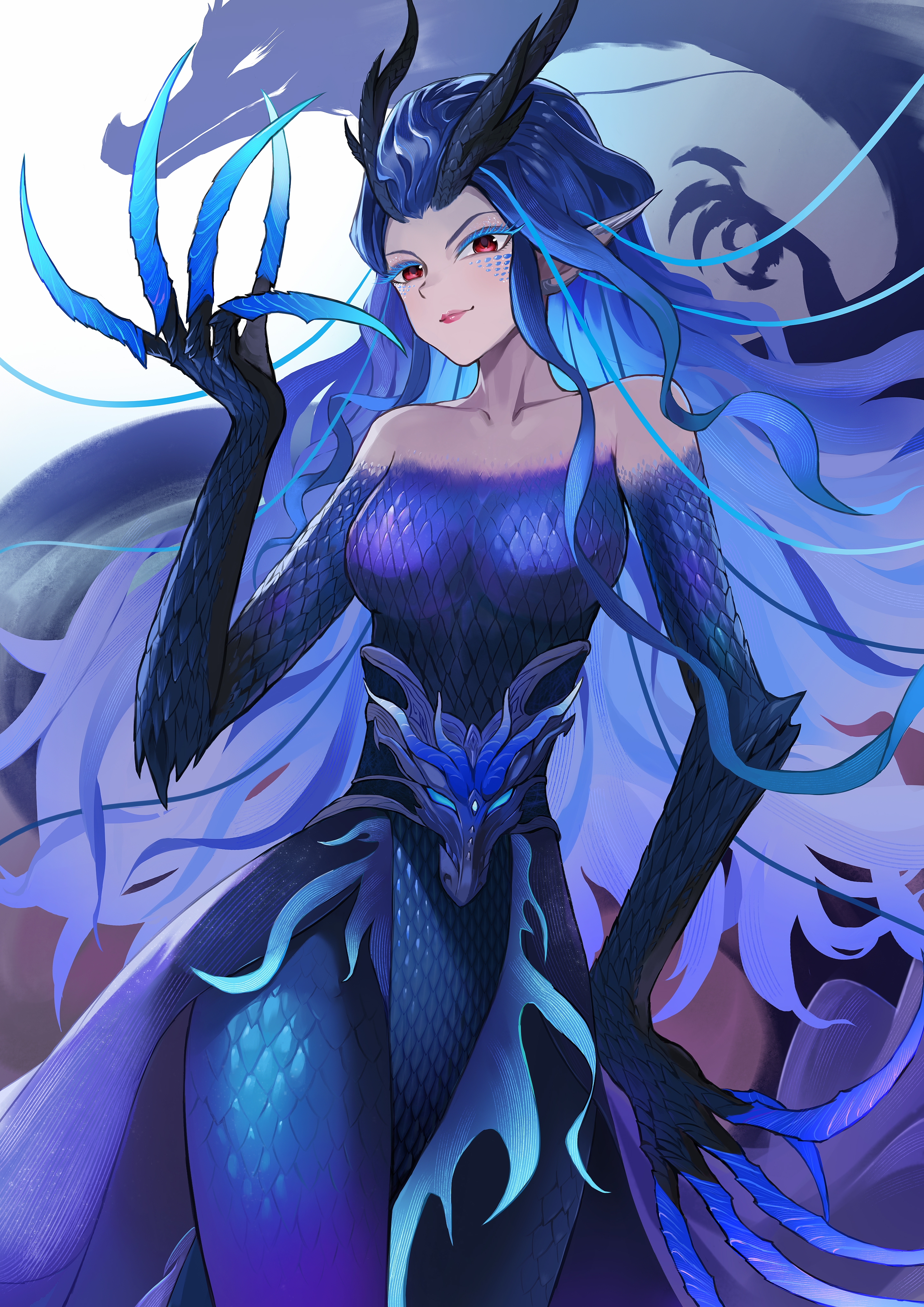 1girl absurdres ao_run_(nezha_zhi_motong_jiangshi) aqua_claws blue_background blue_dress blue_gloves blue_hair blue_scales breasts claws cowboy_shot dragon dragon_girl dragon_horns dress eastern_dragon eastern_dragon_horns elbow_gloves gloves gradient_background highres horns large_breasts long_hair looking_at_viewer nezha_zhi_motong_jiangshi pingfan_de_mao purple_background red_eyes red_lips solo very_long_claws very_long_hair white_background