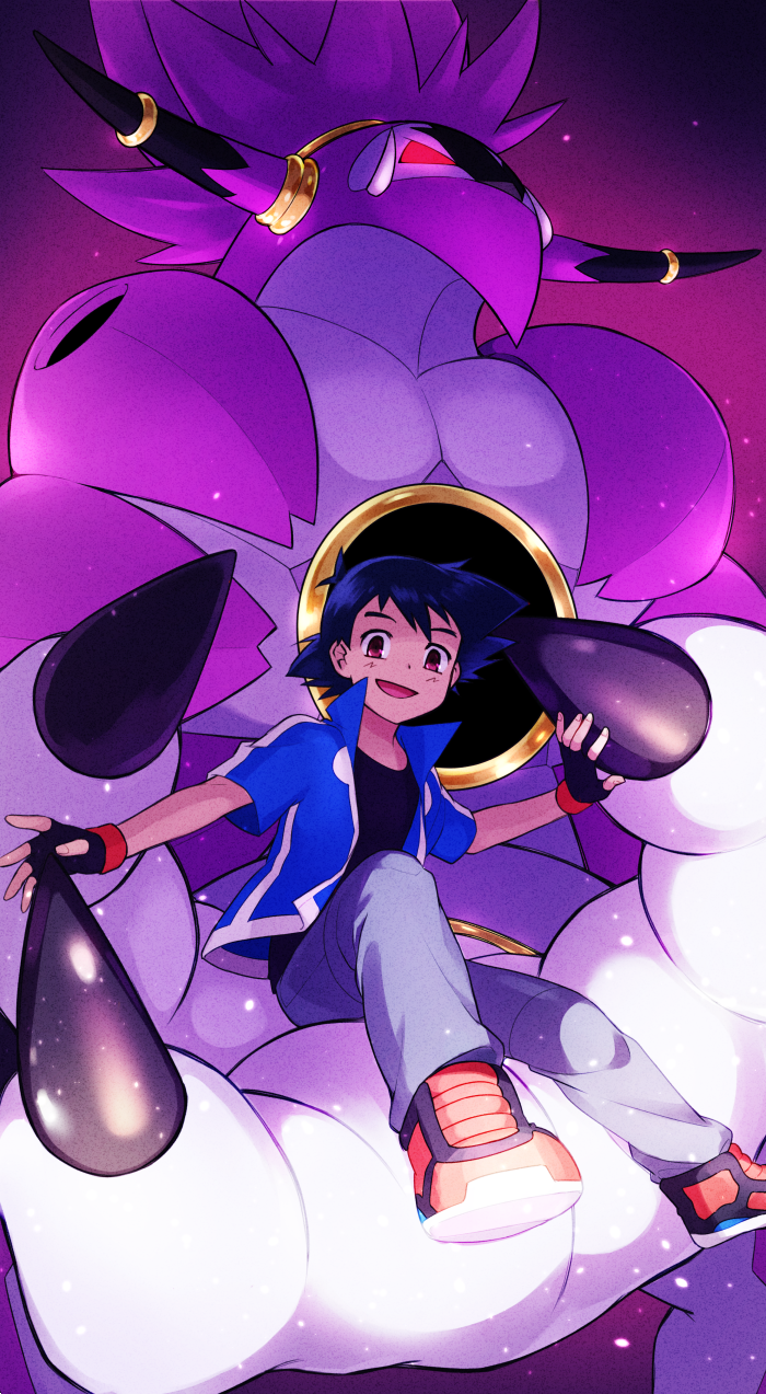 2boys :d ame_(ame025) ash_ketchum black_gloves black_hair black_shirt blue_jacket brown_eyes claws fingerless_gloves from_below gen_6_pokemon gloves glowing glowing_eyes highres hoopa hoopa_(unbound) jacket legendary_pokemon looking_at_viewer male_focus multiple_boys mythical_pokemon nintendo open_clothes open_jacket open_mouth orange_shoes pants pokemon pokemon_(anime) pokemon_(creature) pokemon_the_movie:_hoopa_and_the_clash_of_ages pokemon_xy_(anime) shirt shoes short_hair short_sleeves sitting smile