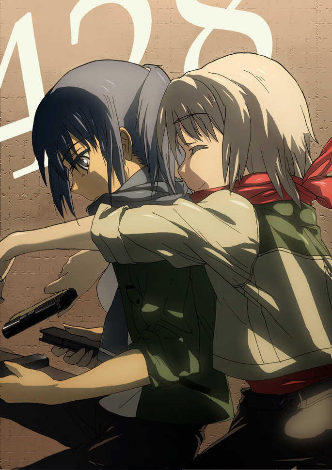 2girls 428 428:_fuusa_sareta_shibuya_de alphard_(canaan) bad_id bad_pixiv_id bandana black_hair brown_eyes canaan_(character) canaan_(series) child chunsoft closed_eyes gun hug hug_from_behind kisetsu multiple_girls ponytail short_hair sleeves_rolled_up smile weapon white_hair yuri
