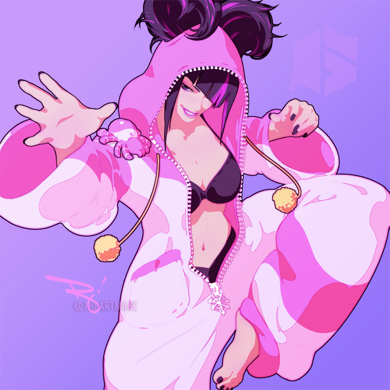 1girl alternate_costume alternate_hairstyle black_bra black_hair black_nails bra breasts feet fingernails han_juri hood hoodie large_breasts lipstick makeup multicolored_hair navel official_alternate_costume one_eye_covered one_leg_raised pajamas panties pink_hair purple_background sharp_fingernails smile street_fighter street_fighter_6 the_art_mage two-tone_hair underwear unzipped zipper