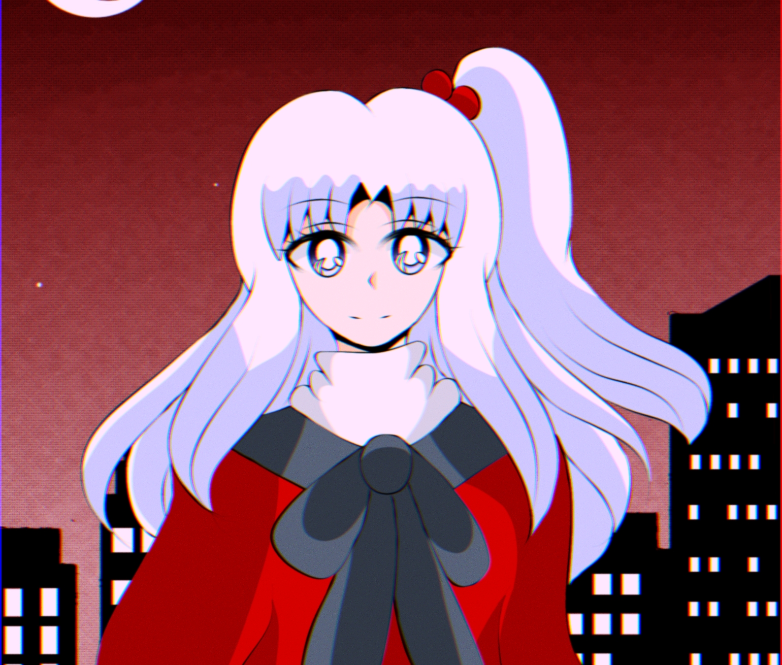 1990s_(style) 1girl blue_eyes bow capelet cityscape dress grey_hair hair_bobbles hair_ornament highres long_hair mystic_square one_side_up retro_artstyle shinki_(touhou) short_hair smile solo static touhou touhou_(pc-98) white_hair yuuna_arlovskaya