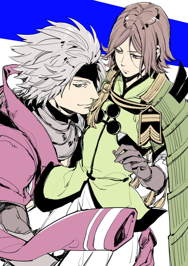 2boys blue_eyes brown_eyes brown_gloves brown_hair chousokabe_motochika_(sengoku_basara) cowboy_shot eyepatch frown gloves green_shirt grey_hair hand_on_another&#039;s_hip jacket jacket_on_shoulders looking_at_another looking_at_viewer male_focus mouri_motonari_(sengoku_basara) multiple_boys no_headwear pants purple_gloves purple_jacket sengoku_basara shirt smile spiked_hair white_pants yona_(waiko)