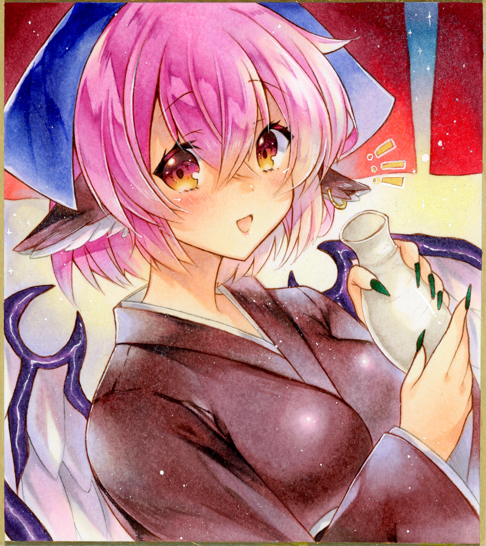 1girl alcohol animal_ears bird_ears bird_wings black_kimono blue_headscarf blush bottle breasts brown_kimono commentary_request dot_nose fingernails gradient_eyes green_nails hair_between_eyes hair_over_eyes headscarf japanese_clothes kimono large_breasts looking_to_the_side marker_(medium) multicolored_eyes mystia_lorelei okamisty open_mouth pink_hair sake sake_bottle solo takadono318 touhou traditional_media white_wings wings