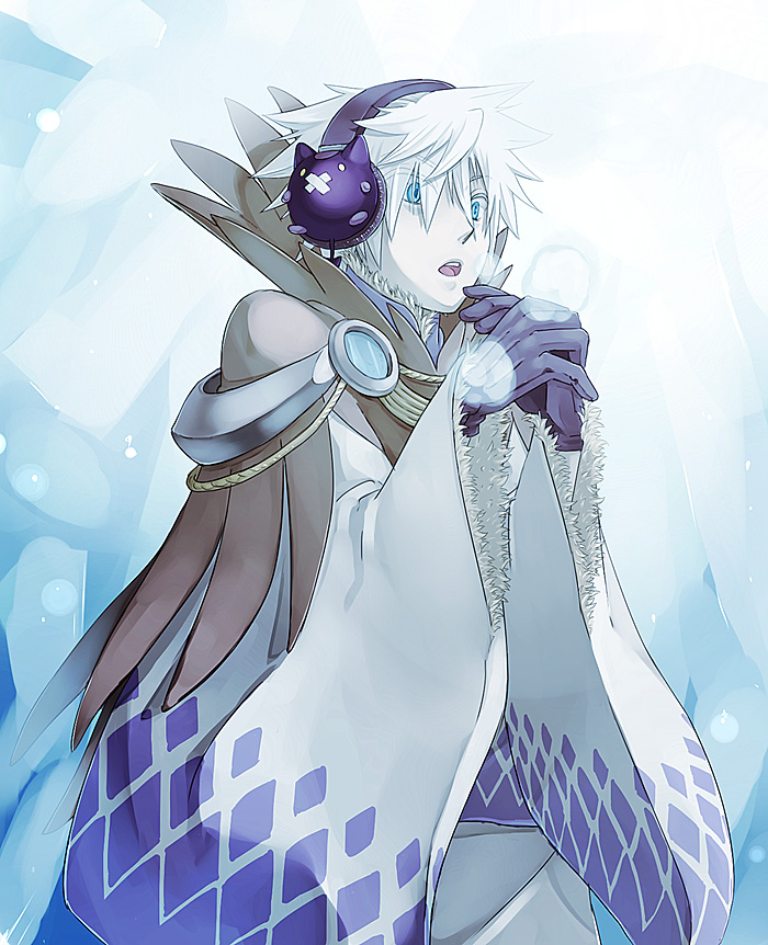 1boy argyle_clothes argyle_sleeves blue_eyes breath brown_cape cape cold commentary_request cowboy_shot earmuffs eyes_visible_through_hair fur-trimmed_cape fur_trim gloves hair_between_eyes long_sleeves male_focus open_mouth own_hands_together purple_gloves ragnarok_online short_hair solo sorcerer_(ragnarok_online) standing susukinohukurou white_background white_hair