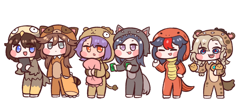6+girls a-15_salamander animal_costume bird_costume blonde_hair blue_eyes blush blush_stickers braid brown_hair bulga camel_costume chibi closed_eyes grey_eyes hair_between_eyes hyena_(last_origin) hyena_costume jitome khan_the_swift last_origin lizard_costume long_hair multicolored_hair multiple_girls orange_eyes pillow purple_hair quick_camel raccoon_costume red_hair red_pupils salamander_(last_origin) salamander_costume sharp_teeth short_hair simple_background smile t-40_hyena talon_feather_(last_origin) teeth twin_braids two-tone_hair war_wolf_(last_origin) white_background wolf_costume