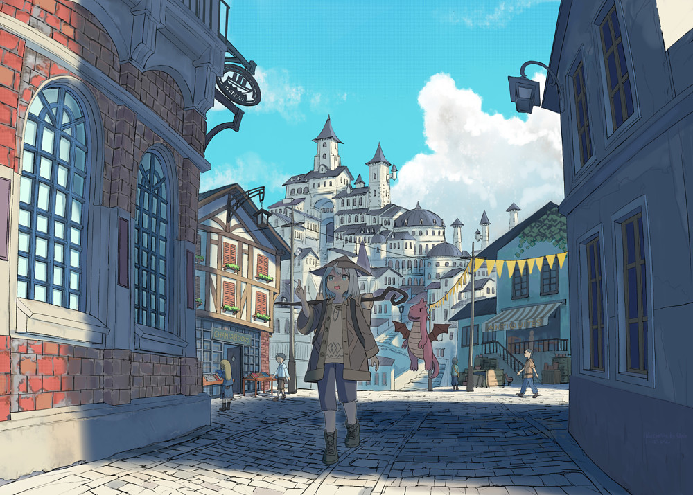 2boys 3girls awning backpack bag blue_eyes blue_sky boots brick_road brown_jacket building city cloud cumulonimbus_cloud day dragon fantasy grey_hair hanging_lantern hat jacket mage_staff multiple_boys multiple_girls open_mouth original power_lines scenery shop shorts sky spire tower walking wide_shot wu_ba_pin
