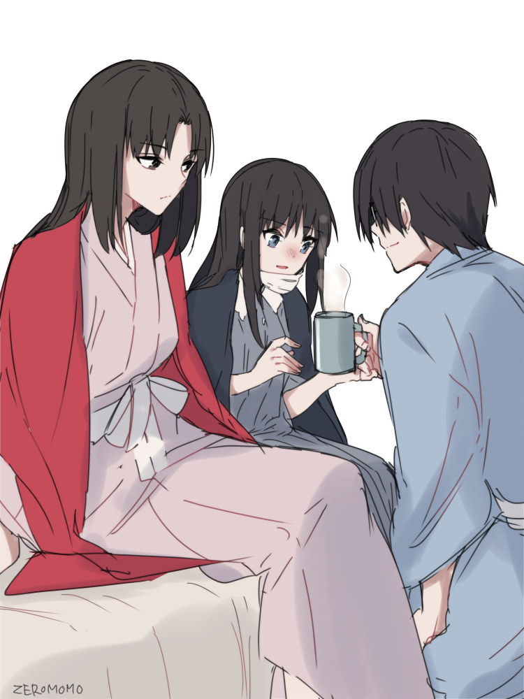 1boy 2girls black_hair blue_eyes father_and_daughter japanese_clothes kara_no_kyoukai long_hair mature_female mother_and_daughter multiple_girls ryougi_mana ryougi_shiki type-moon