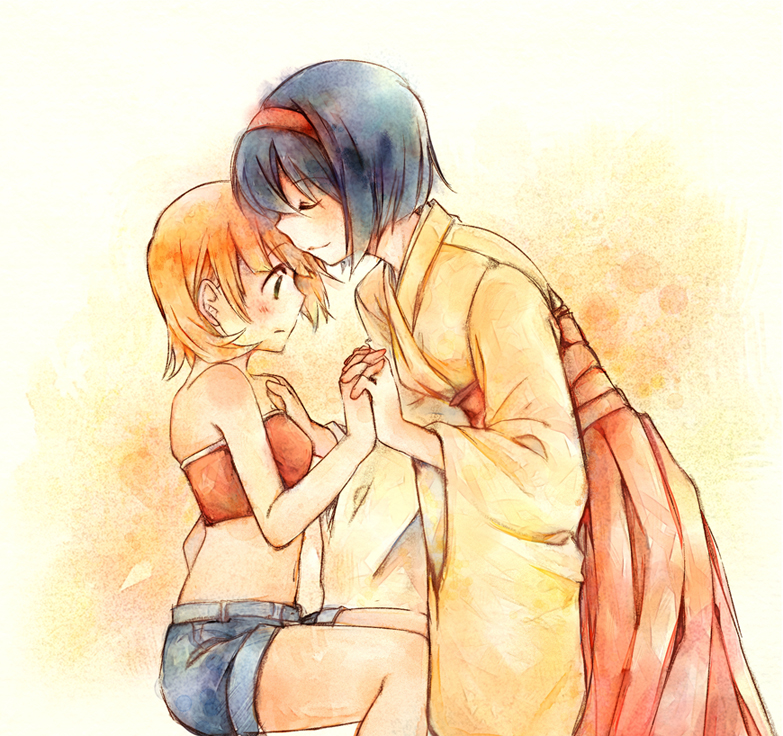 1990s_(style) 2girls bare_shoulders black_hair blush closed_eyes denim denim_shorts embarrassed erika_(pokemon) furisode green_eyes gym_leader hairband hand_on_shoulder happy holding_hands imminent_kiss interlocked_fingers japanese_clothes kimono midriff misty_(pokemon) multiple_girls navel nintendo orange_hair own_hands_together pokemon pokemon_adventures pokemon_gsc retro_artstyle short_hair shorts shy sitting smile strapless tachiuo_(arines) tube_top yuri