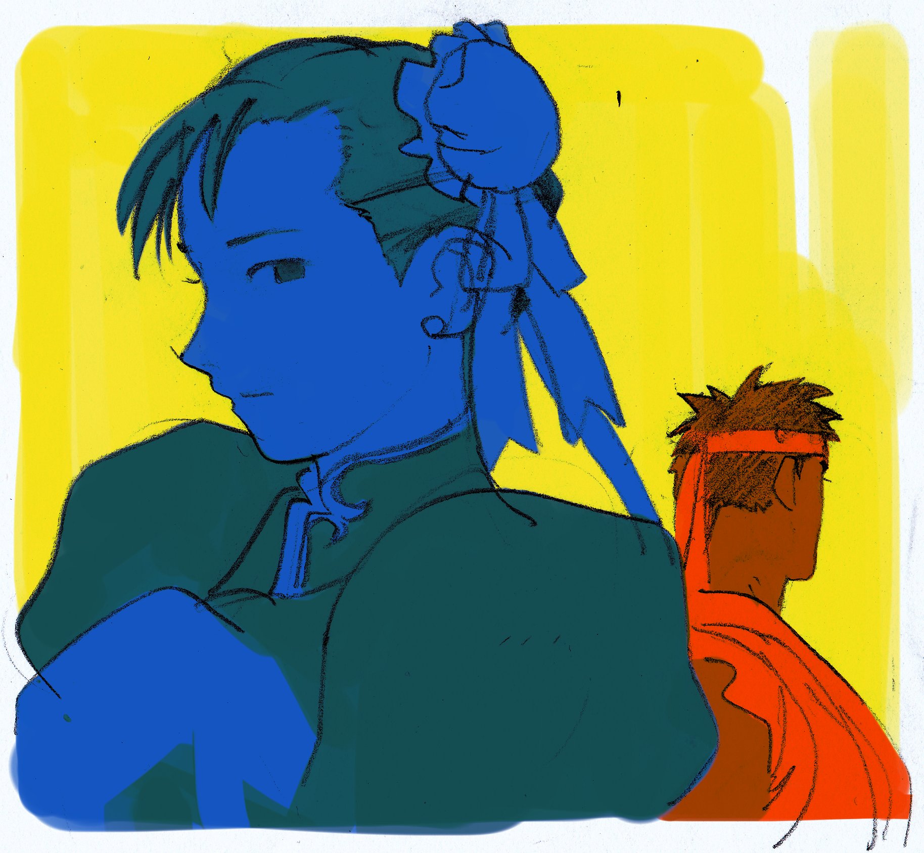 1boy 1girl black_hair bow bun_cover capcom china_dress chinese_clothes chun-li double_bun dougi dress earrings hair_bow hair_bun headband highres jewelry looking_at_viewer noobboy_02 profile ryu_(street_fighter) simple_background street_fighter upper_body yellow_background
