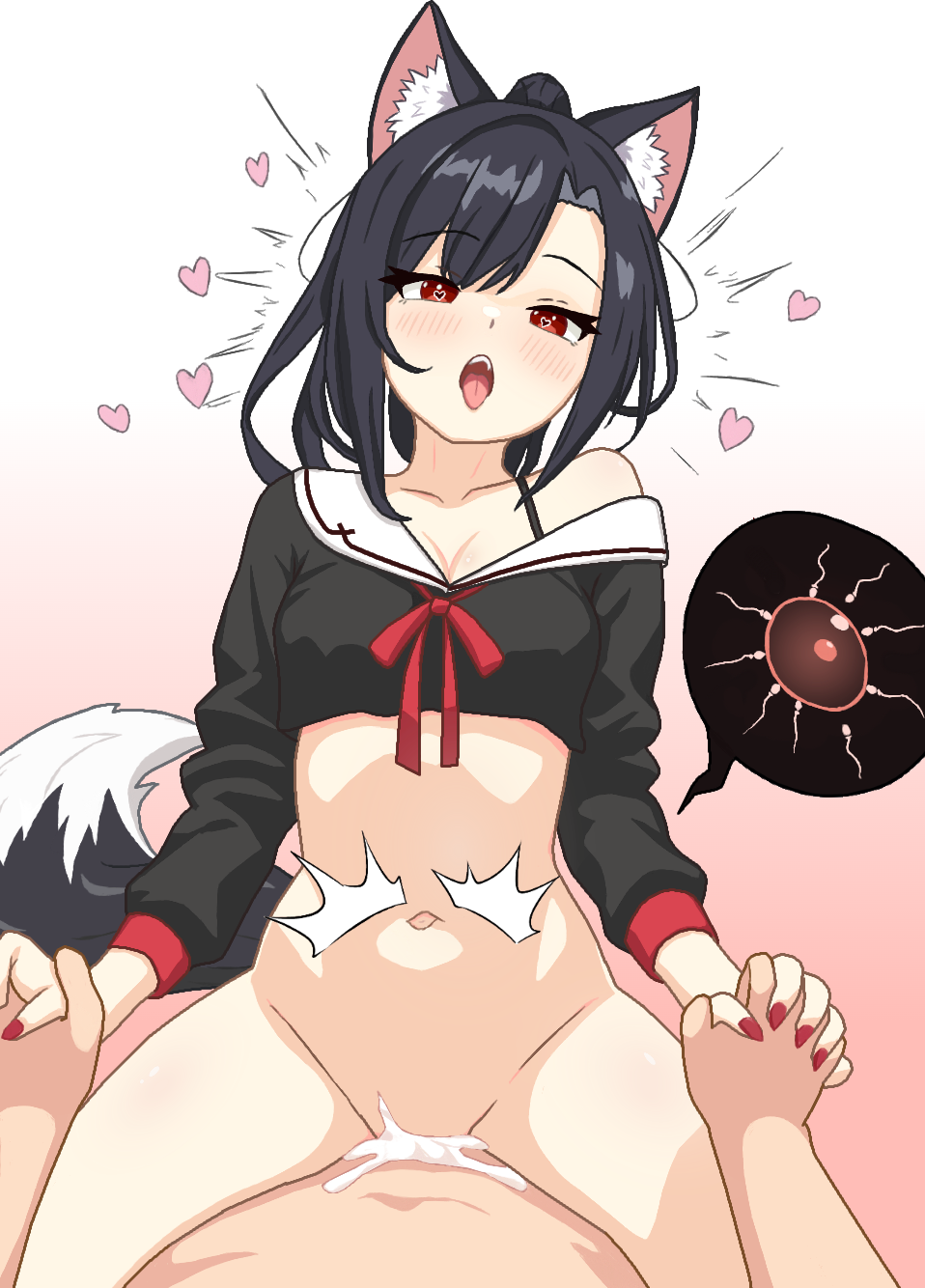 animal_ear_fluff animal_ears azur_lane bare_legs black_hair bottomless cowgirl_position crop_top cum cum_in_pussy ejaculation fertilization heart heart-shaped_pupils highres interlocked_fingers navel ovum red_eyes sbeve2004 sex shigure_(azur_lane) straddling symbol-shaped_pupils tail tongue vaginal x-ray