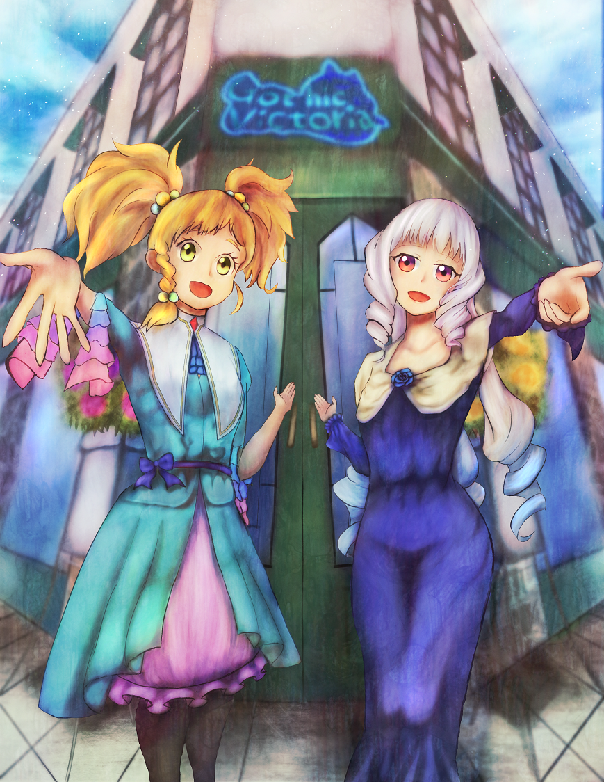 2girls aikatsu!_(series) aikatsu_stars! aqua_dress blue_dress capelet dress fujino_123 gothic_victoria gradient_hair looking_at_viewer multicolored_hair multiple_girls nikaido_yuzu reaching reaching_towards_viewer shirogane_lily shop