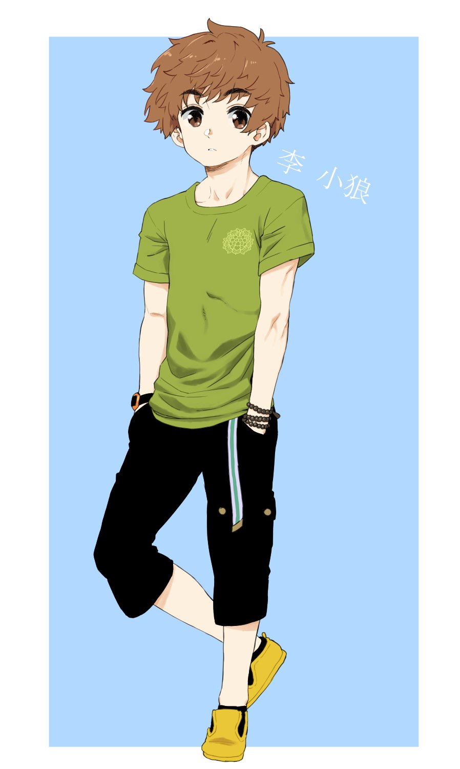 1boy brown_eyes brown_hair cardcaptor_sakura commentary_request expressionless full_body green_shirt hands_in_pockets highres li_syaoran looking_at_viewer male_focus shirt shorts solo wakaho_riku