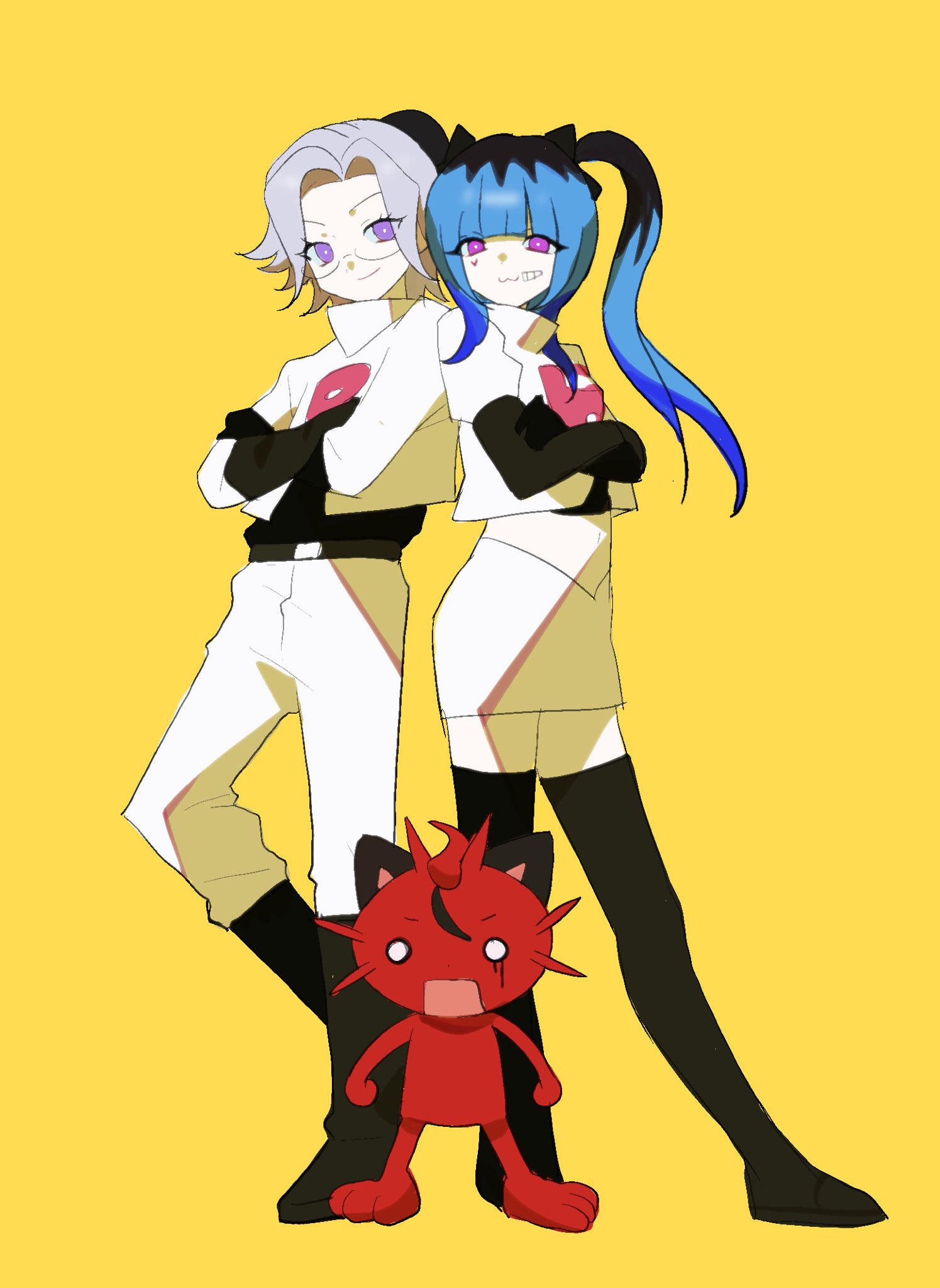 1boy 1girl :3 amemiya_darumi aotsuki_eito belt black_belt black_boots black_gloves black_ribbon black_undershirt blue_hair boots cosplay crossed_arms crossover elbow_gloves facial_mark full_body gen_1_pokemon glasses gloves grey_hair heart heart_facial_mark highres jacket james_(pokemon) james_(pokemon)_(cosplay) jessie_(pokemon) jessie_(pokemon)_(cosplay) long_hair looking_at_viewer meowth navel nintendo pants pink_eyes pokemon pokemon_(anime) pokemon_(creature) purple_eyes ribbon short_hair simple_background skirt smile sumino_takumi the_hundred_line_-last_defense_academy- thigh_boots twintails white_jacket white_pants white_skirt y67204593527301 yellow_background