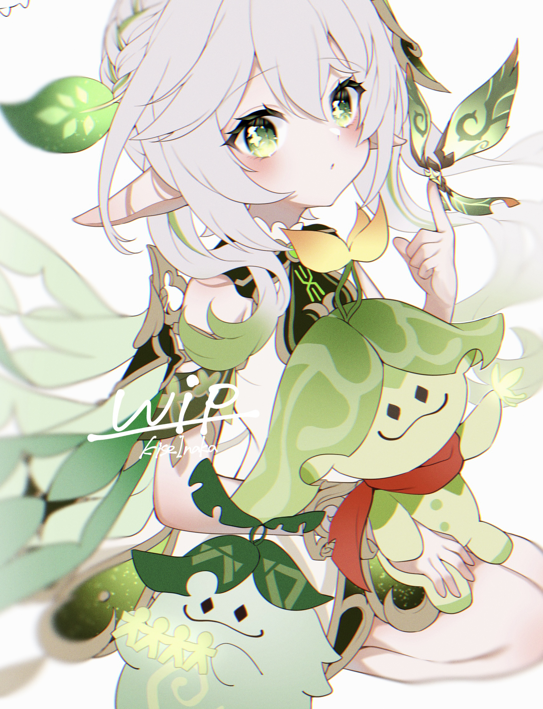 1girl aranara_(genshin_impact) artist_name bare_shoulders blush bracelet cape commentary_request crystalfly_(genshin_impact) detached_sleeves dress from_side genshin_impact gold_trim green_cape green_eyes green_hair green_sleeves hair_between_eyes hair_ornament hand_up highres jewelry kise_inaka leaf_hair_ornament long_hair looking_at_viewer multicolored_hair nahida_(genshin_impact) pointy_ears seiza side_ponytail sitting sleeveless sleeveless_dress solo streaked_hair symbol-shaped_pupils unfinished white_background white_dress white_hair