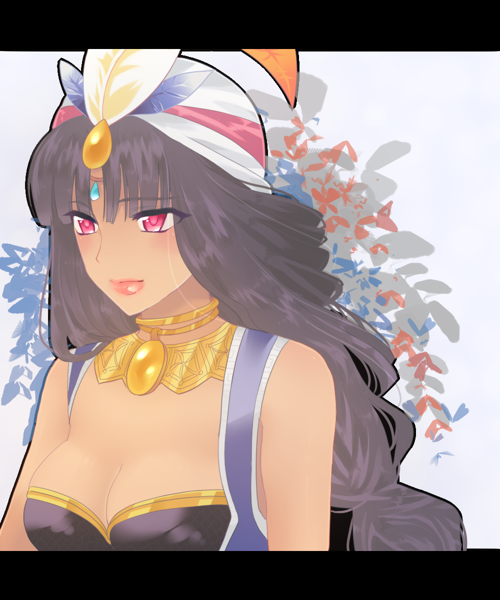 1girl black_hair breasts cleavage closed_mouth commentary_request dark-skinned_female dark_skin draw2_(milkcrown) expressionless feather_hair_ornament feathers genie_(p&amp;d) gold gypsy hair_ornament headscarf highres jewelry letterboxed lips long_hair looking_afar medium_breasts necklace pink_eyes puzzle_&amp;_dragons solo upper_body white_headscarf