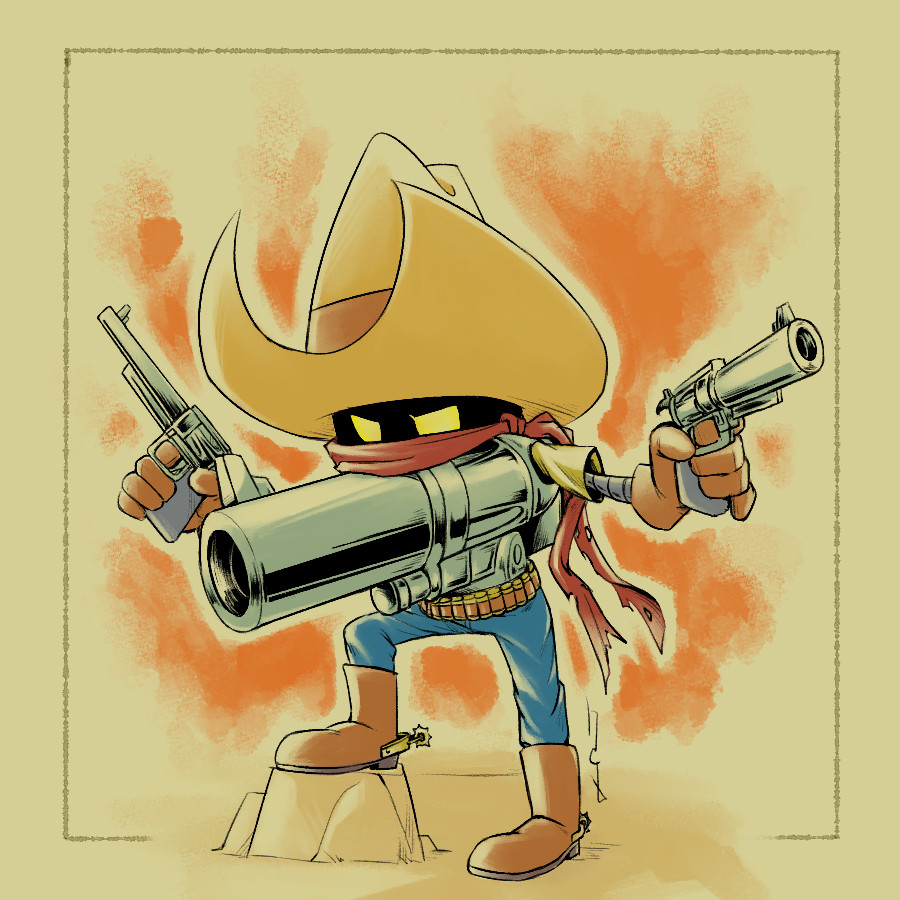 ammunition_belt bandana boots border cowboy_hat digimon digimon_(creature) dual_wielding finger_on_trigger gloves gun handgun hat holding mechanical_arms nightclawduke no_pupils outline oversized_hat revolmon revolver solo spurs torn_clothes weapon yellow_eyes