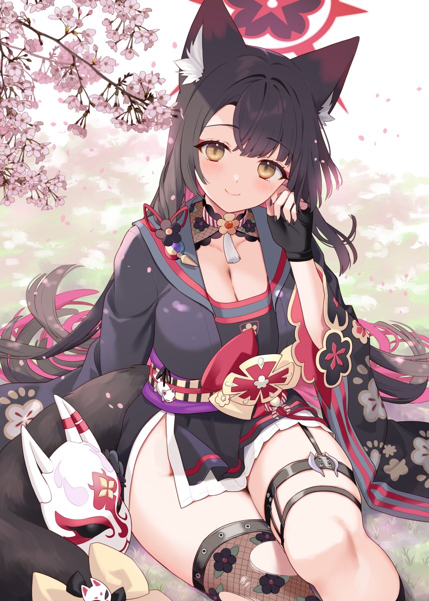 1girl animal_ears black_gloves black_hair black_sailor_collar black_shirt black_skirt blue_archive blush breasts brown_hair cleavage closed_mouth commentary_request fingerless_gloves floral_print_sleeves fox_ears fox_girl fox_tail gloves halo highres ichinomiya_(blantte) large_breasts long_hair looking_at_viewer red_hair red_halo sailor_collar shirt single_thighhigh sitting skirt smile solo tail thigh_strap thighhighs thighs wakamo_(blue_archive) wide_sleeves yellow_eyes