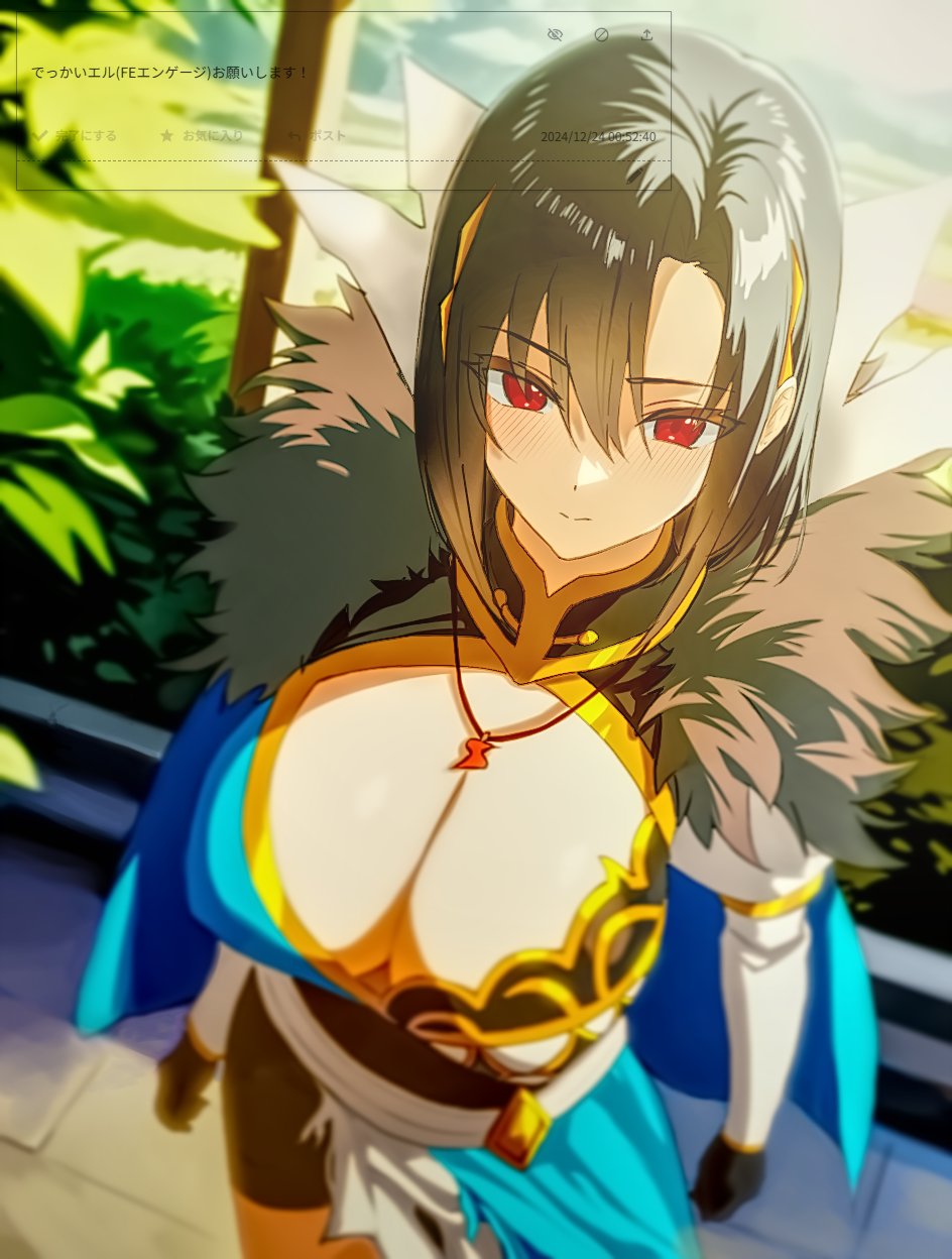 1girl ahonoko black_gloves black_hair blush breasts cleavage closed_mouth fire_emblem fire_emblem_engage from_above gloves hair_between_eyes highres jewelry large_breasts looking_at_viewer necklace nel_(fire_emblem) nintendo red_eyes short_hair solo